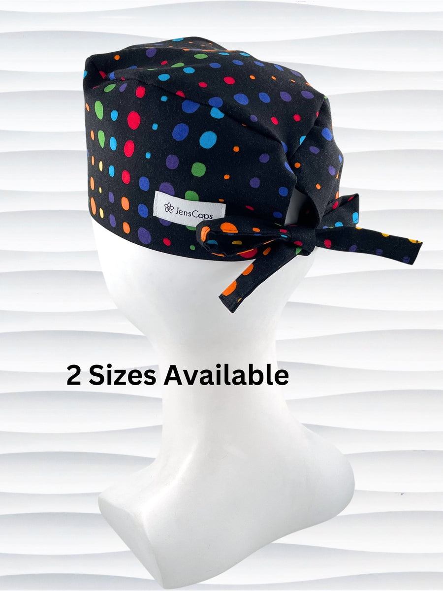 Surgeon style surgical scrub cap hat with bright colored linear dots on black cotton fabric.