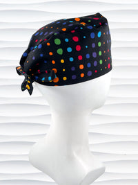 Surgeon style surgical scrub cap hat with bright colored linear dots on black cotton fabric.