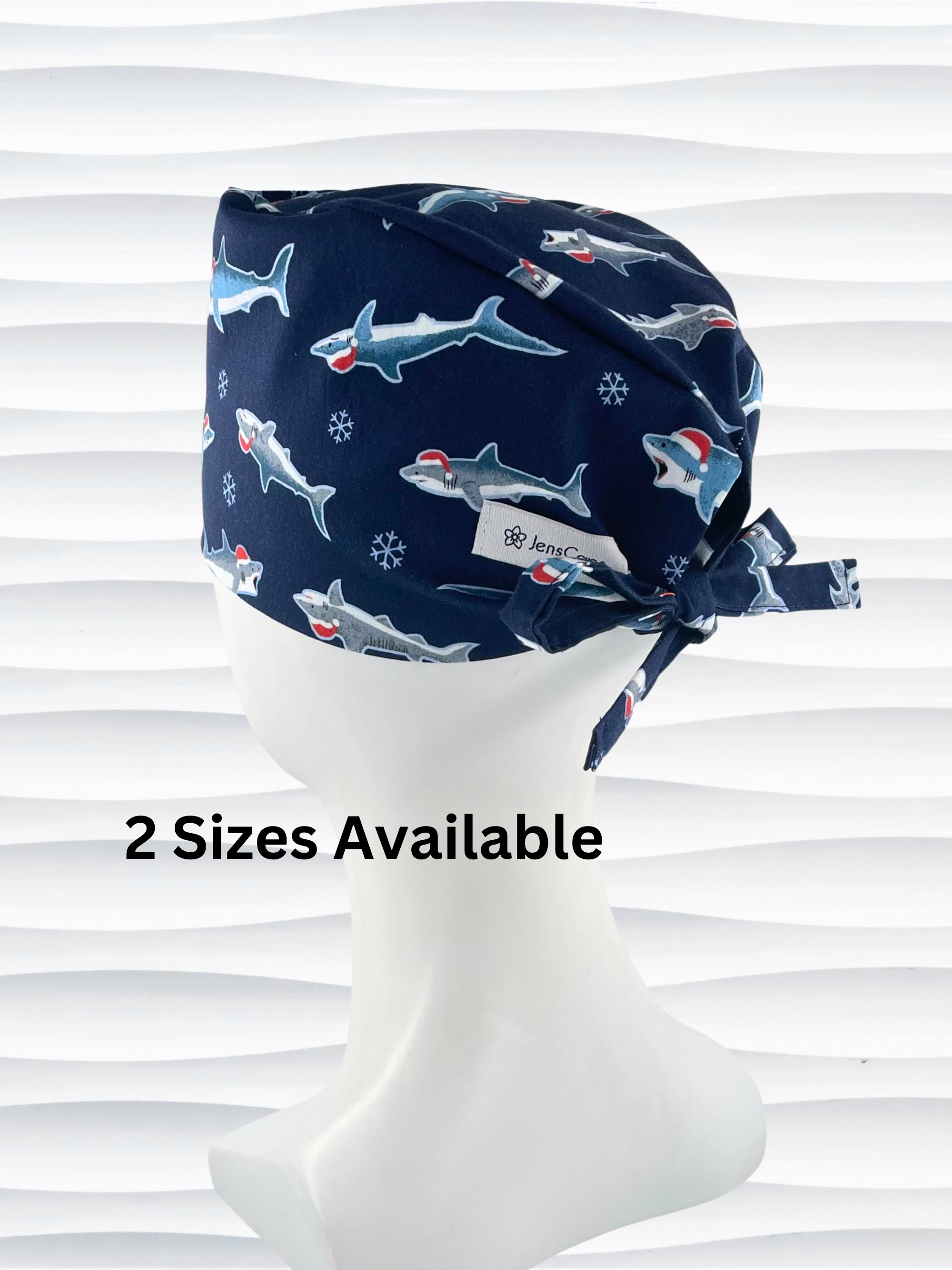 Mens Surgeon style surgical scrub cap hat with snowflakes and sharks wearing santa hats on dark blue cotton fabric
